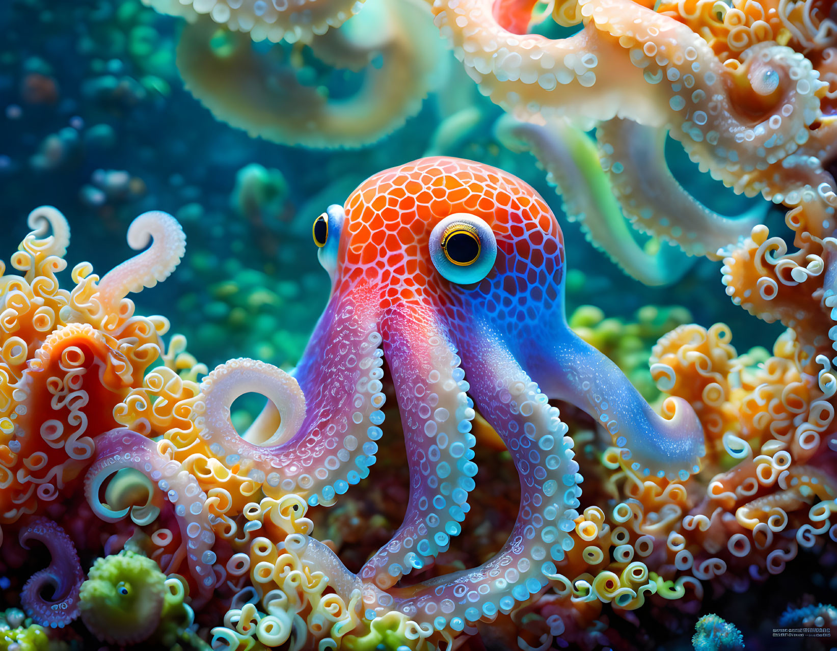 Vibrant octopus illustration among coral reefs