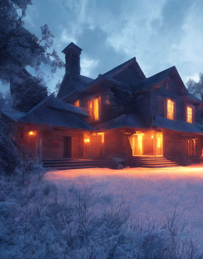 Spacious wooden cabin in snowy twilight landscape