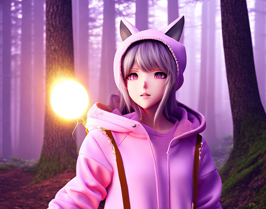 Stylized girl with cat ears holding glowing orb in misty forest