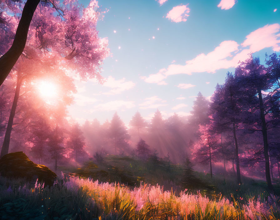 Pink-hued forest at sunrise with flowering trees and misty meadow