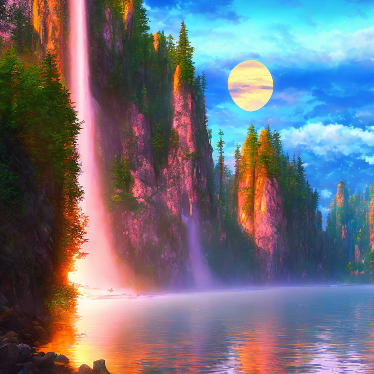 Scenic sunset with full moon, misty lake, towering cliffs, and waterfall