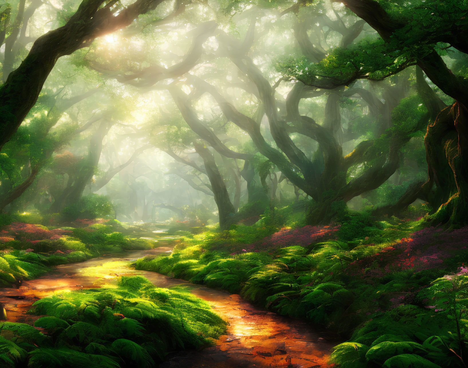 Tranquil Forest Scene with Sunlight and Vibrant Flora