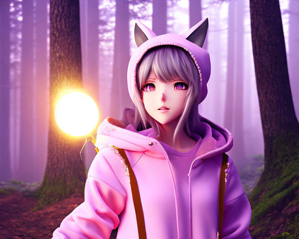 Stylized girl with cat ears holding glowing orb in misty forest