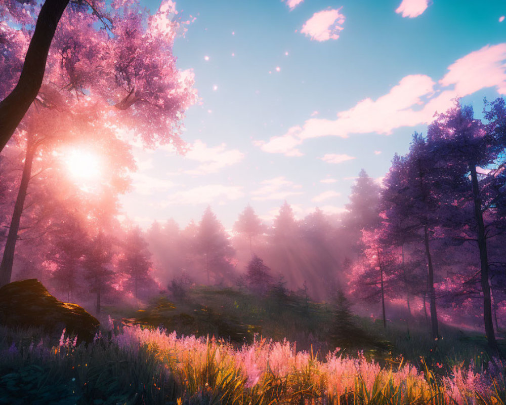 Pink-hued forest at sunrise with flowering trees and misty meadow