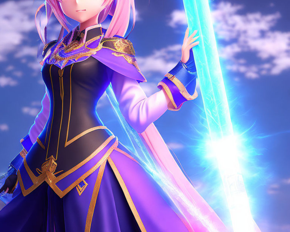 Anime-style character with pink hair in purple and gold outfit wields glowing blue sword under twilight sky