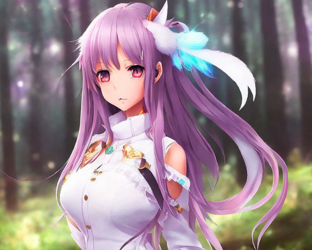 Purple-haired animated character in white outfit with feathers, red eyes, forest background