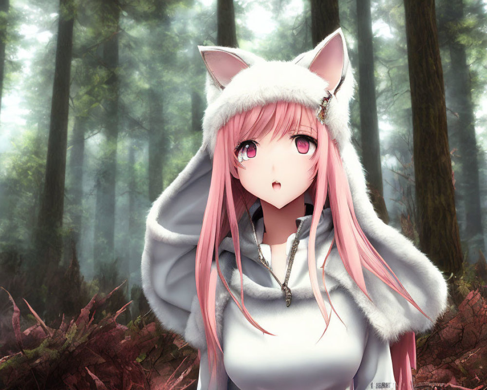 Pink-haired character with cat ears in grey cloak in misty forest