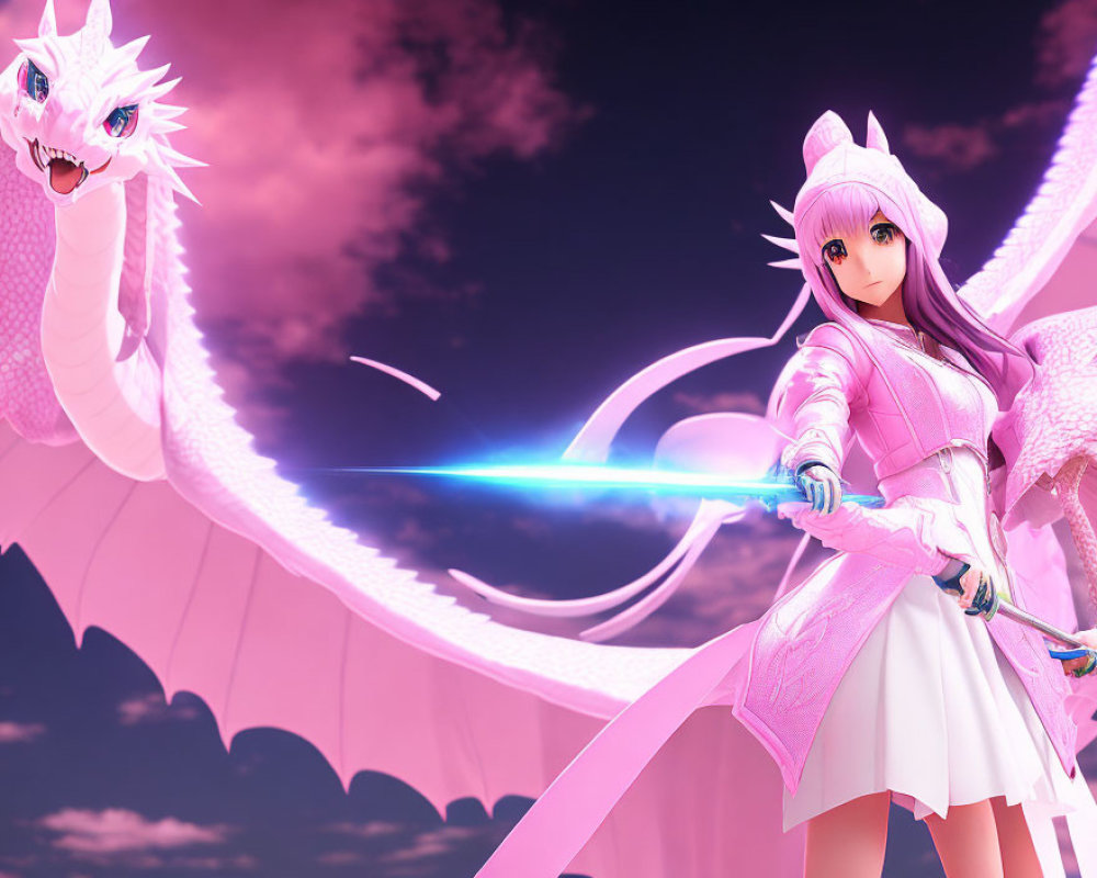 Pink Outfit Anime Character with Sword Faces White Dragon in Pink Sky