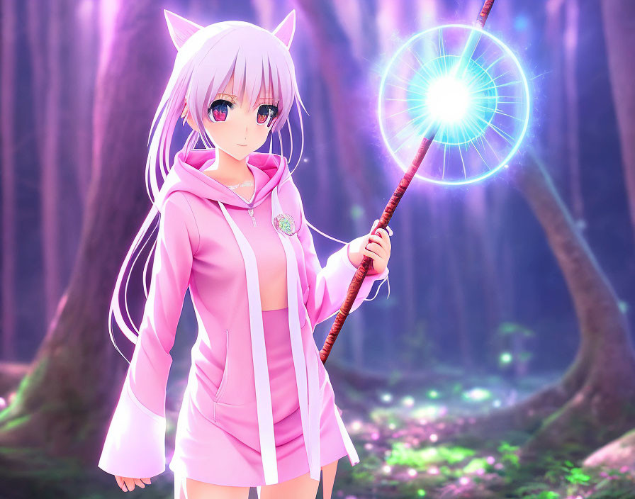 Pink-haired anime character with cat ears in pink hoodie holding magical staff in mystical forest