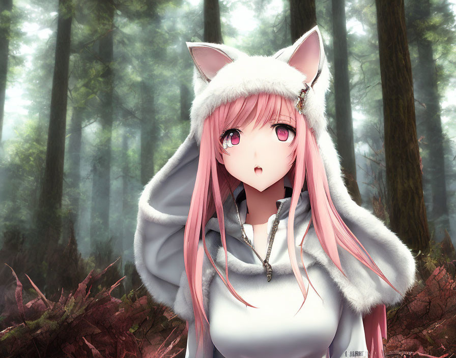 Pink-haired character with cat ears in grey cloak in misty forest