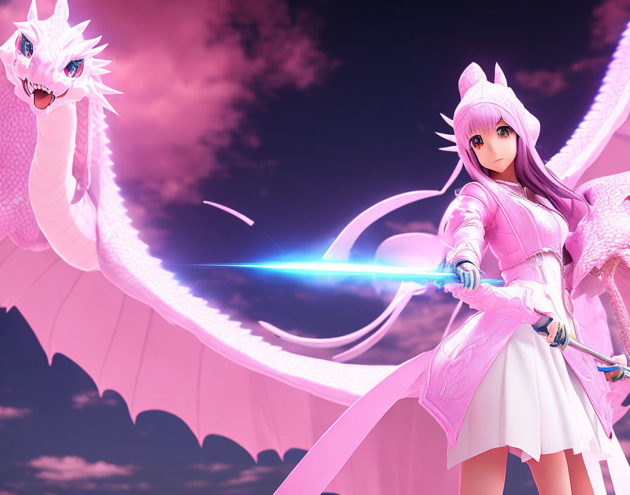 Pink Outfit Anime Character with Sword Faces White Dragon in Pink Sky