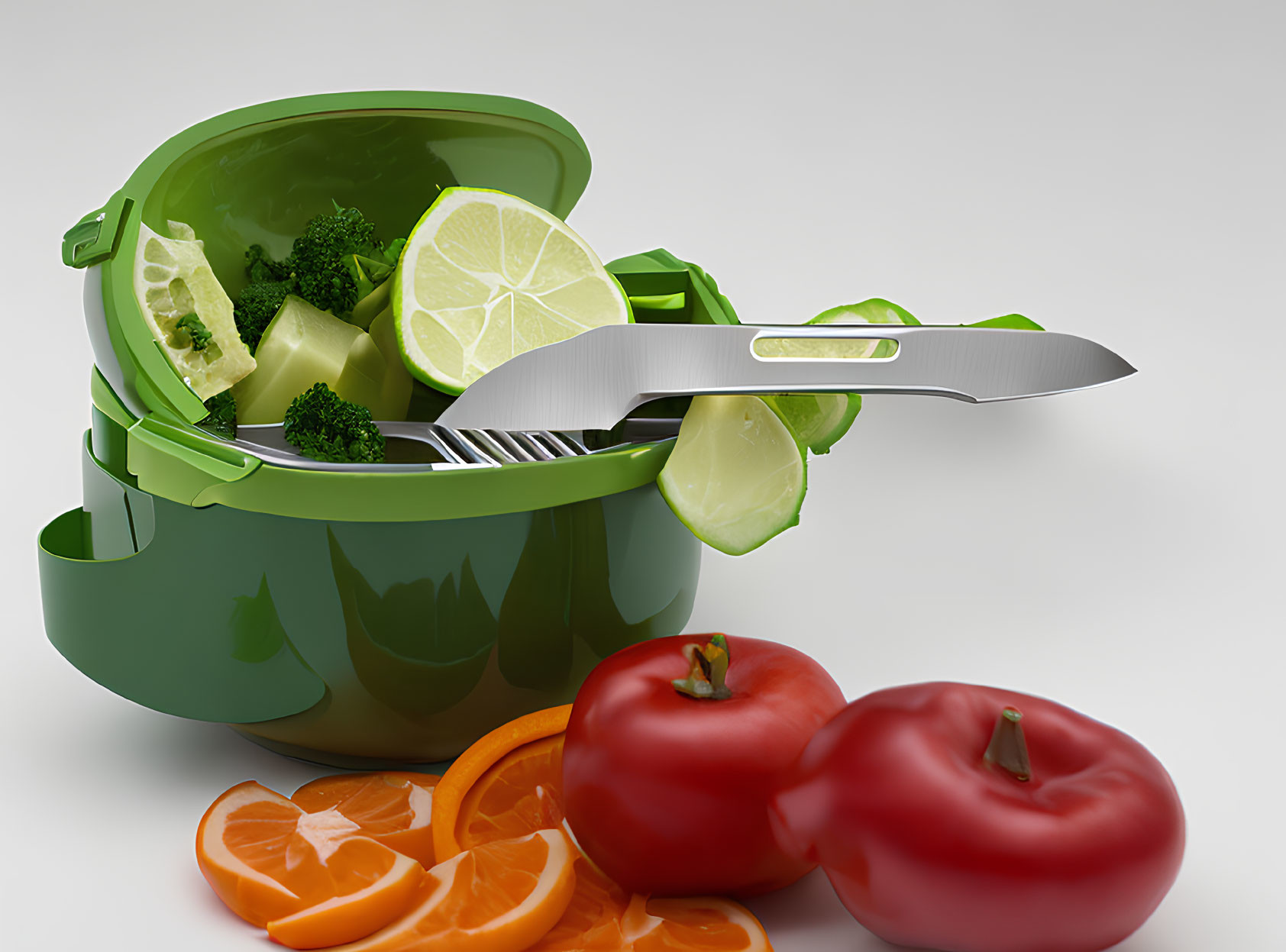 Green Salad Bowl with Broccoli, Cucumber, Lime, Tomatoes, and Orange