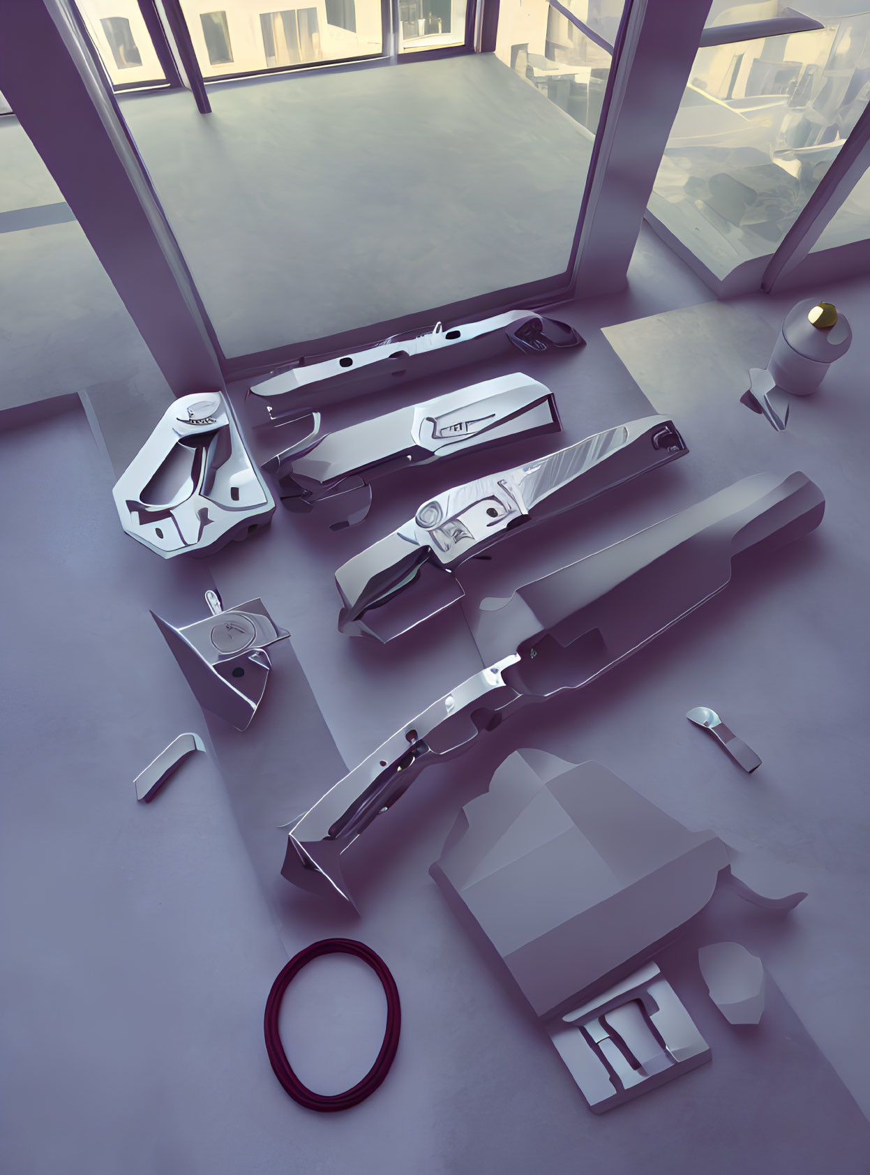 Futuristic white and black gun parts on modern grey floor