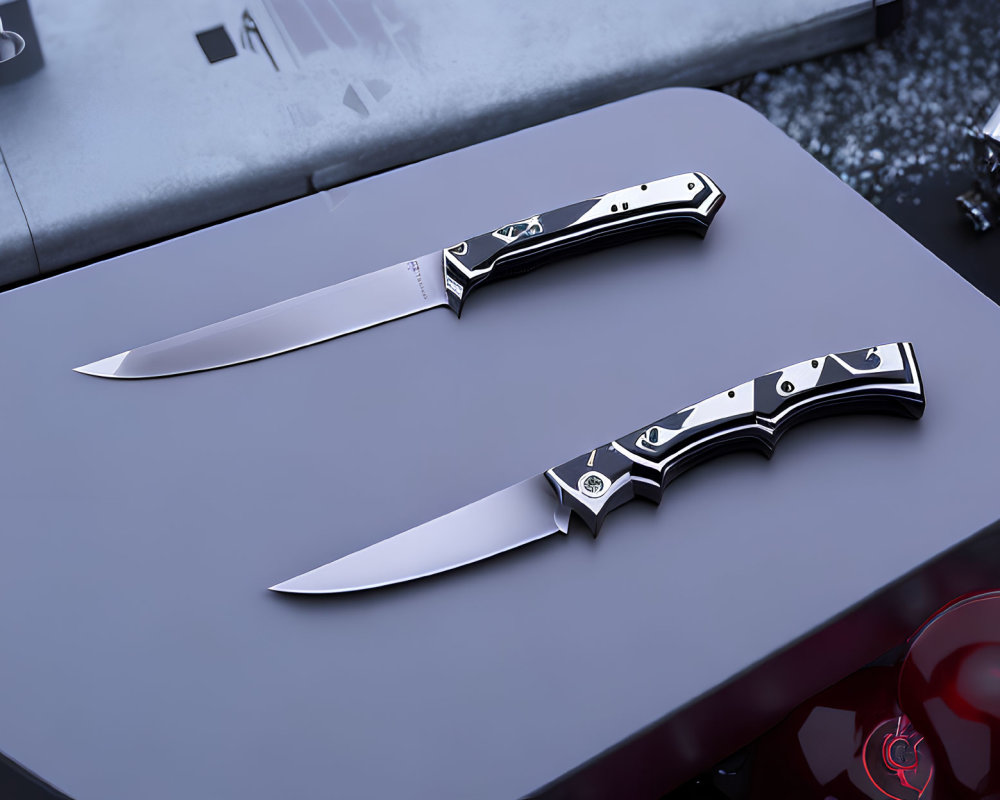 Decorative Folding Knives with Black and Silver Handles on Dark Surface