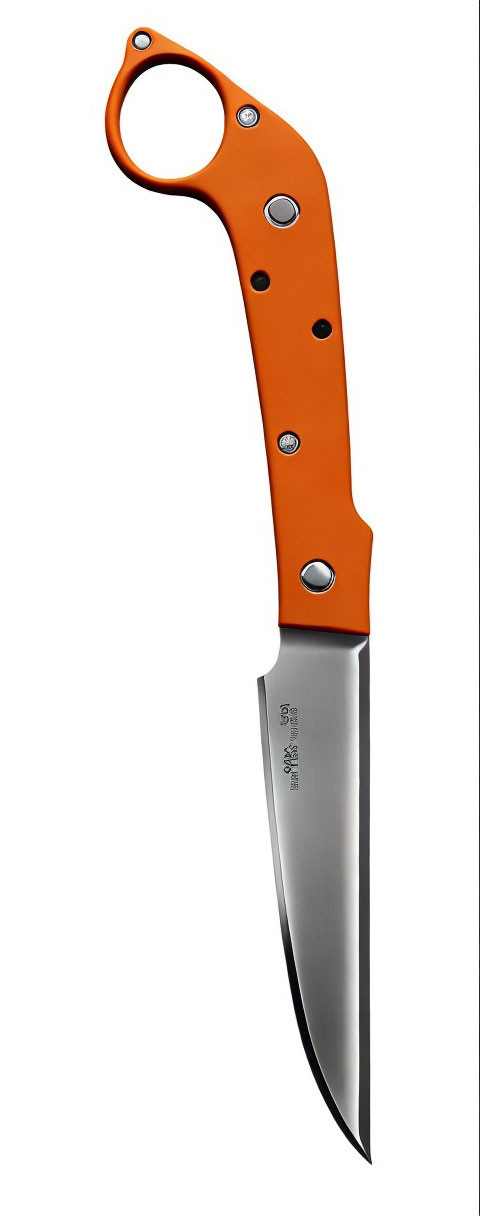 Orange-Handled Climbing Knife with Finger Hole and Serrated Edge