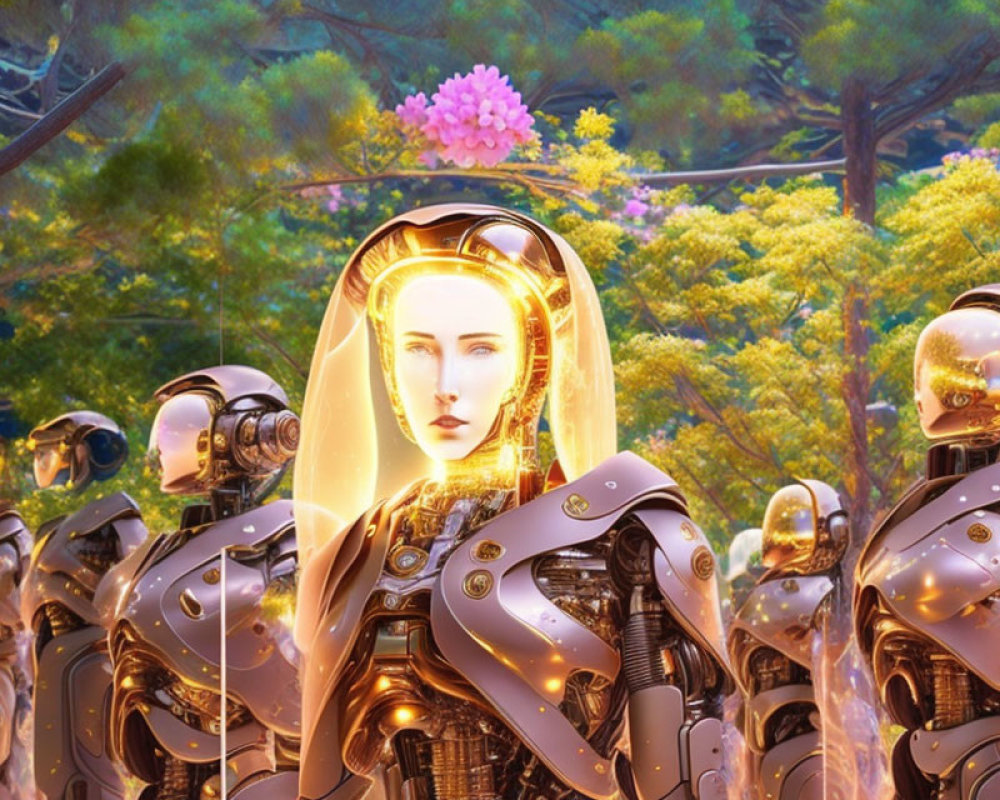 Female Android with Glowing Head Among Robots in Colorful Forest