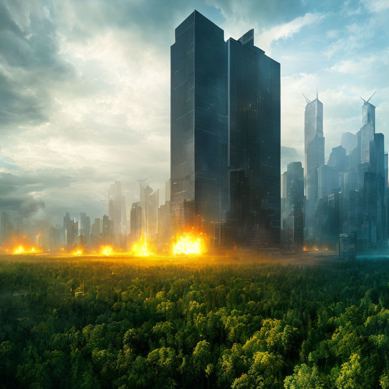 Futuristic cityscape with mist, skyscrapers, greenery, and fires