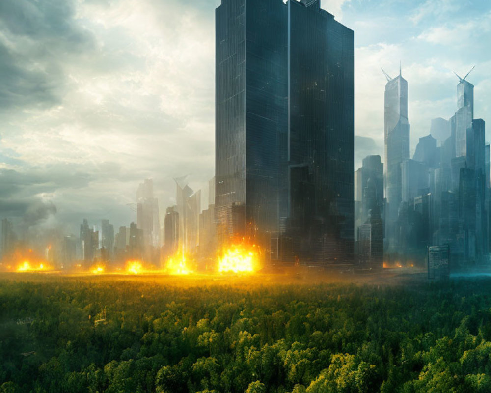 Futuristic cityscape with mist, skyscrapers, greenery, and fires