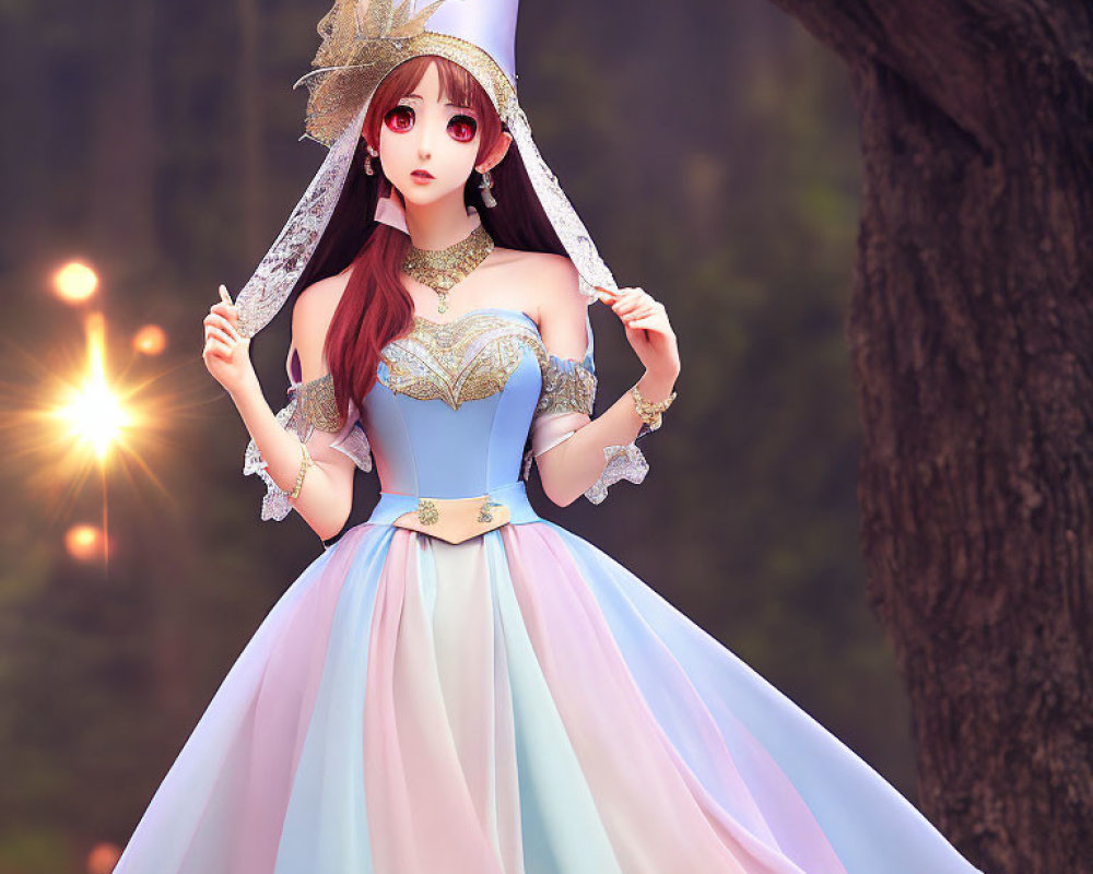 Female character in pastel blue dress with hat in sunlit forest.