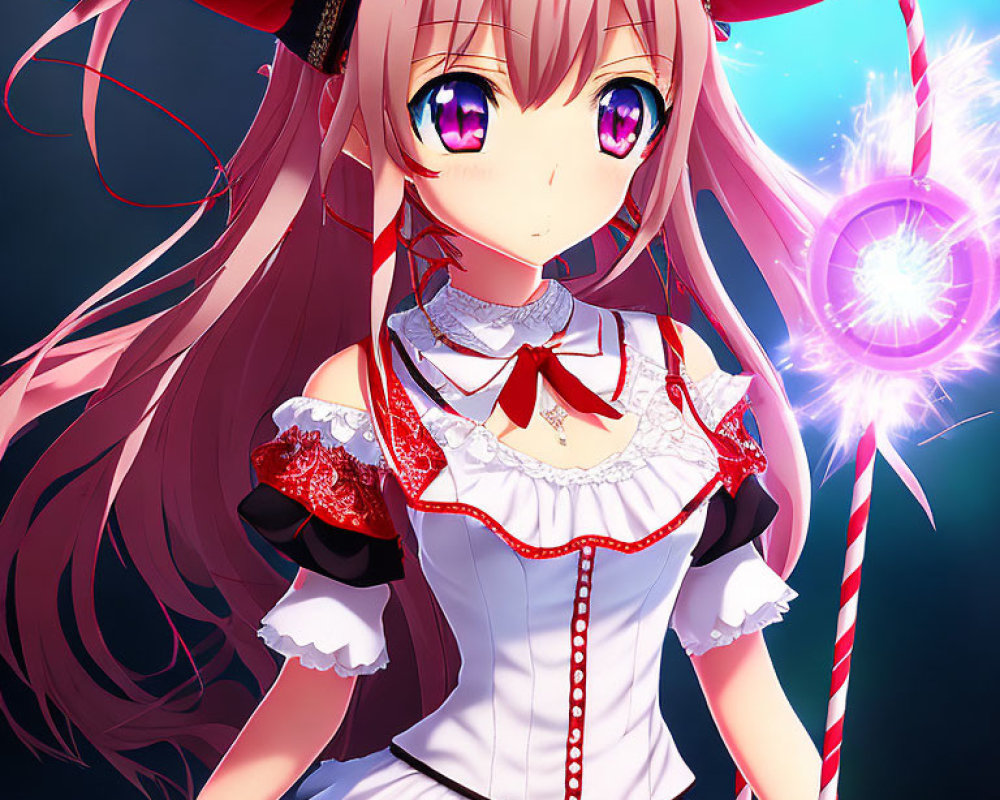 Anime-style female character with pink hair and blue eyes in white and red dress with magical staff