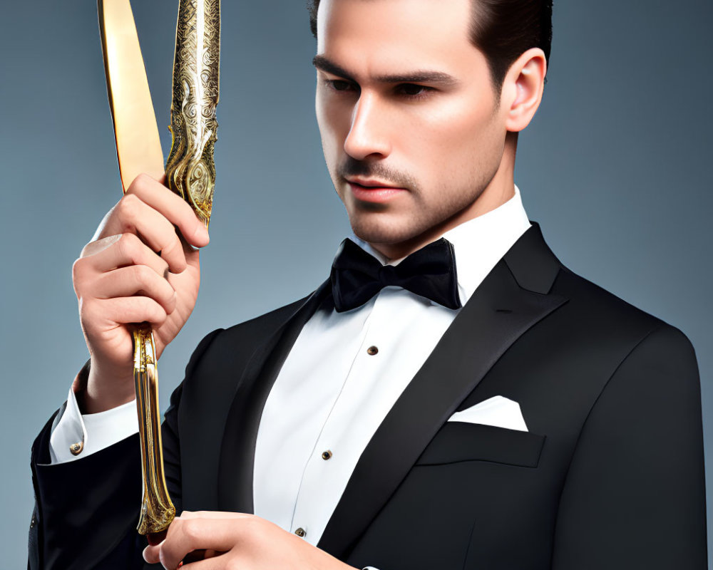 Man in Tuxedo Holding Golden Knife on Blue Background