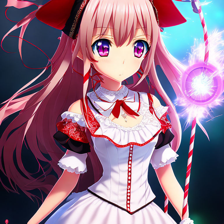 Anime-style female character with pink hair and blue eyes in white and red dress with magical staff