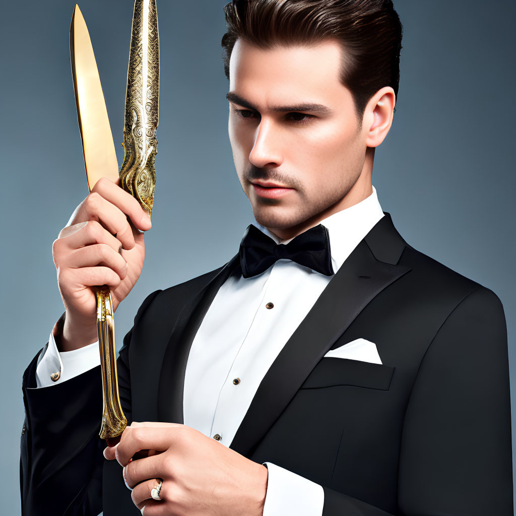 Man in Tuxedo Holding Golden Knife on Blue Background