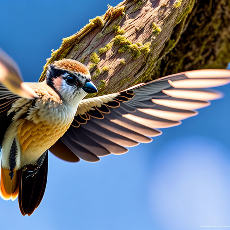 Brown and white bird with black markings in flight landing on mossy branch