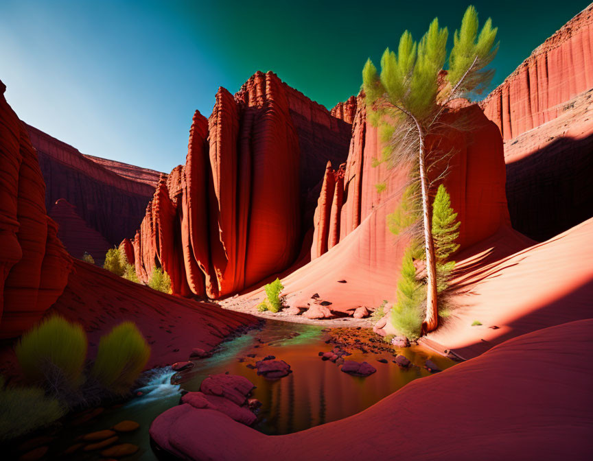 Vibrant desert canyon with red rock formations, stream, and green foliage