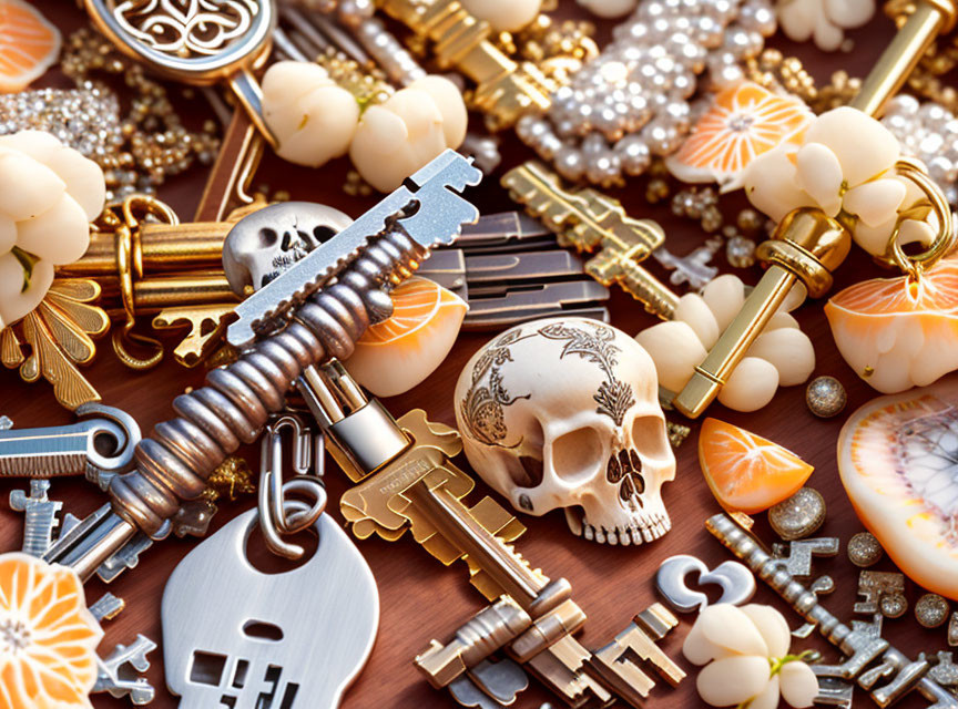 Intricate Vintage Keys, Pearls, Beads, and Skull Elements Combination