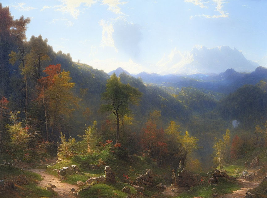 Vibrant autumn forest scene with mountains and figure