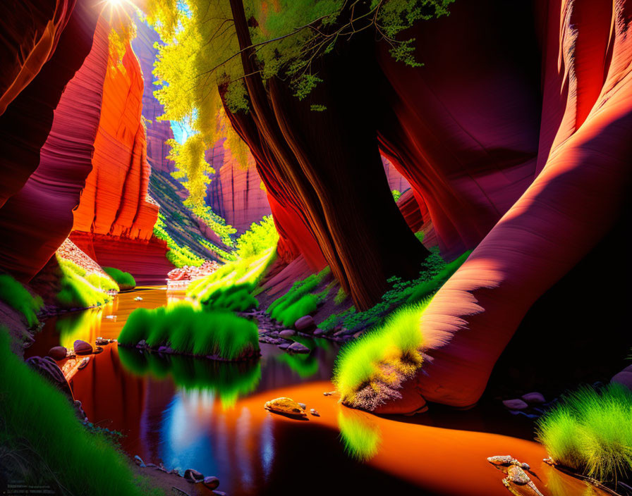 Tranquil river in red rock canyon with sunlight and green foliage