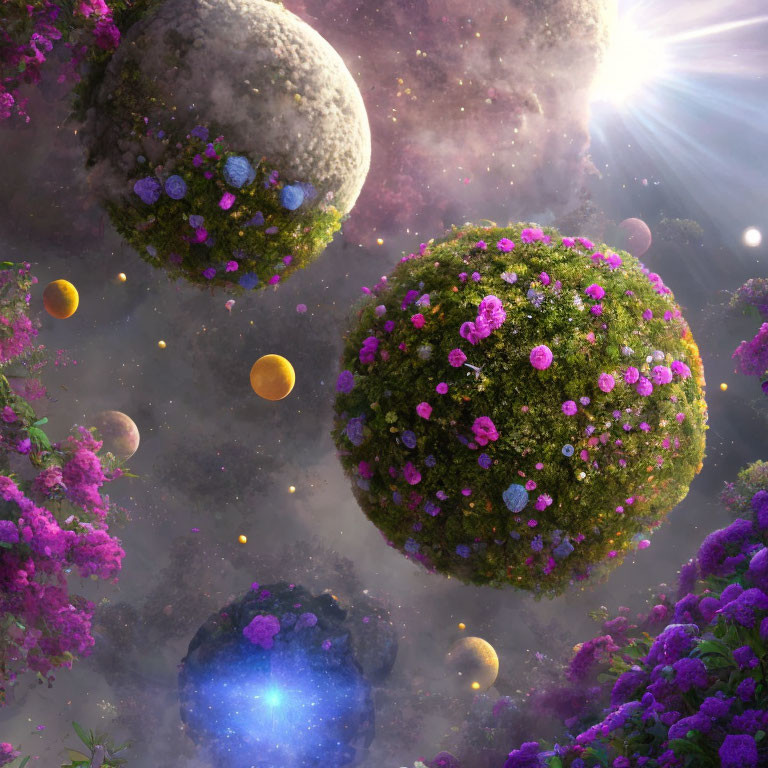 Vibrant Flowering Gardens in Space with Cosmic Background