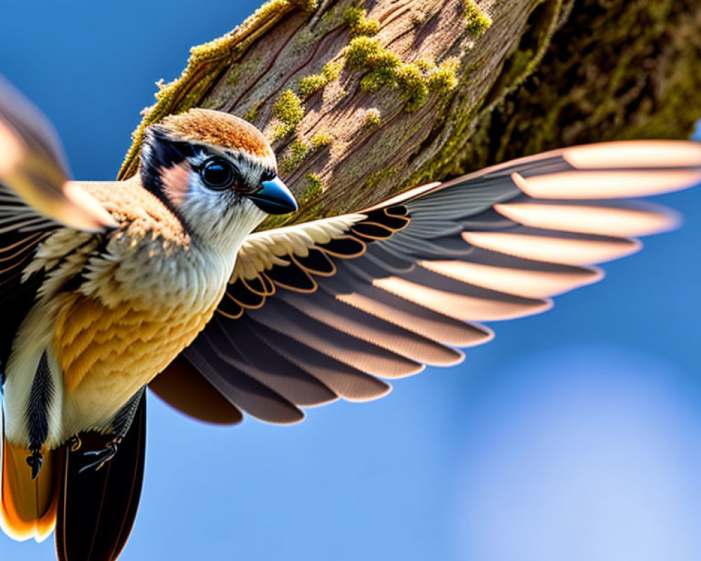 Brown and white bird with black markings in flight landing on mossy branch