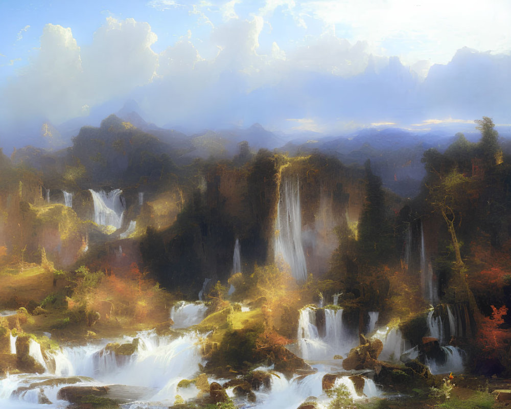 Scenic landscape painting with waterfalls, forests, and mountains