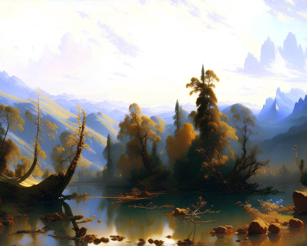 Tranquil landscape painting of serene lake, lush trees, golden hues, mountains, hazy sky