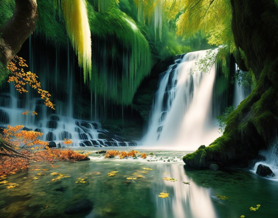 Scenic mossy cliffs, lush vegetation, multi-tiered waterfall, calm river, autumn foliage.