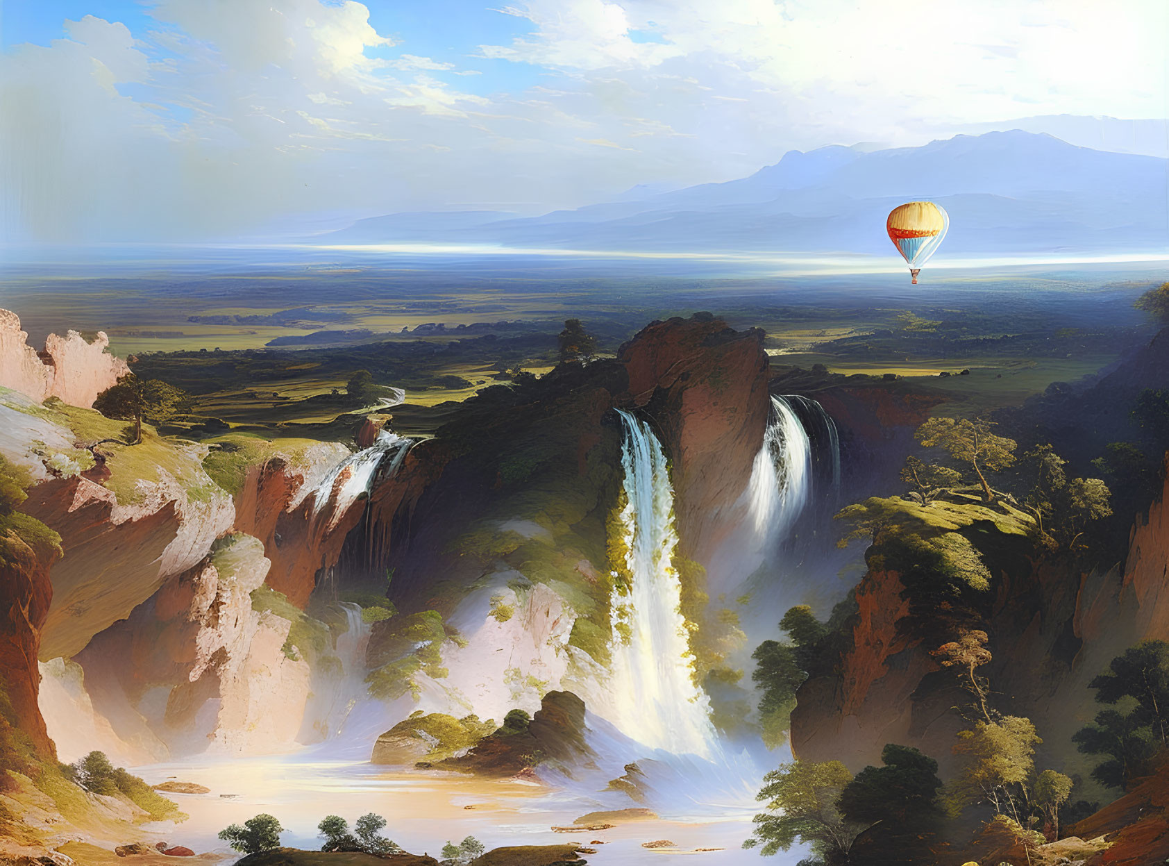 Scenic landscape with waterfalls, hot air balloon, and mountains