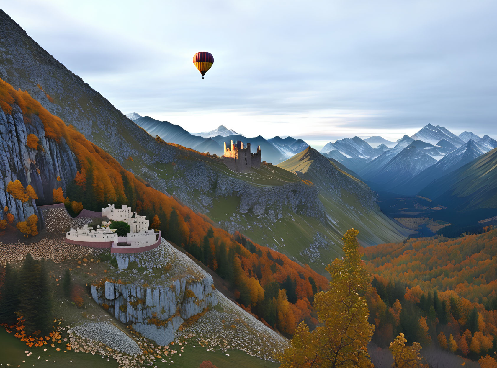 Hot air balloon over autumn valley with castle at twilight