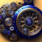 Intricate digital artwork of gears, butterflies in blue and gold sphere