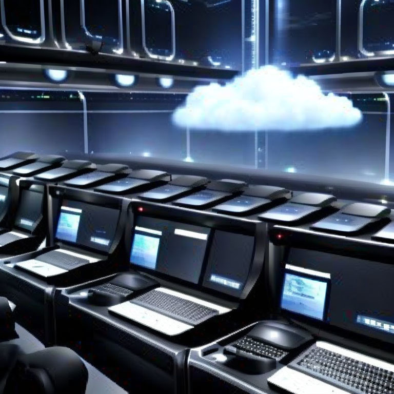 Rows of computer workstations in futuristic control room with glowing cloud above