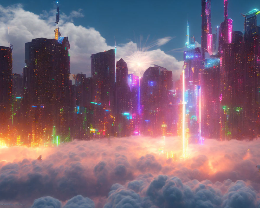 Neon-lit skyscrapers in futuristic cityscape at dusk