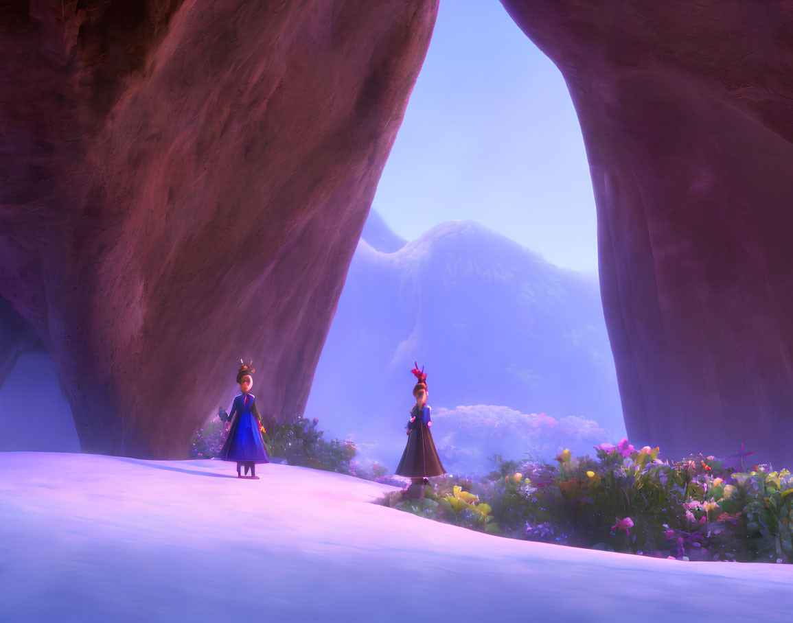 Vibrant mystical cave scene with animated characters and snowy mountain view