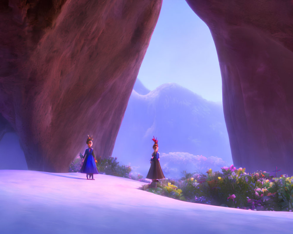 Vibrant mystical cave scene with animated characters and snowy mountain view