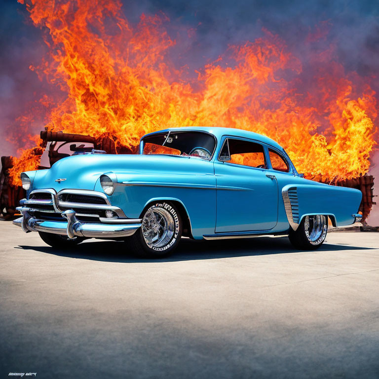 Vintage Blue Car with Chrome Details and Flames Backdrop