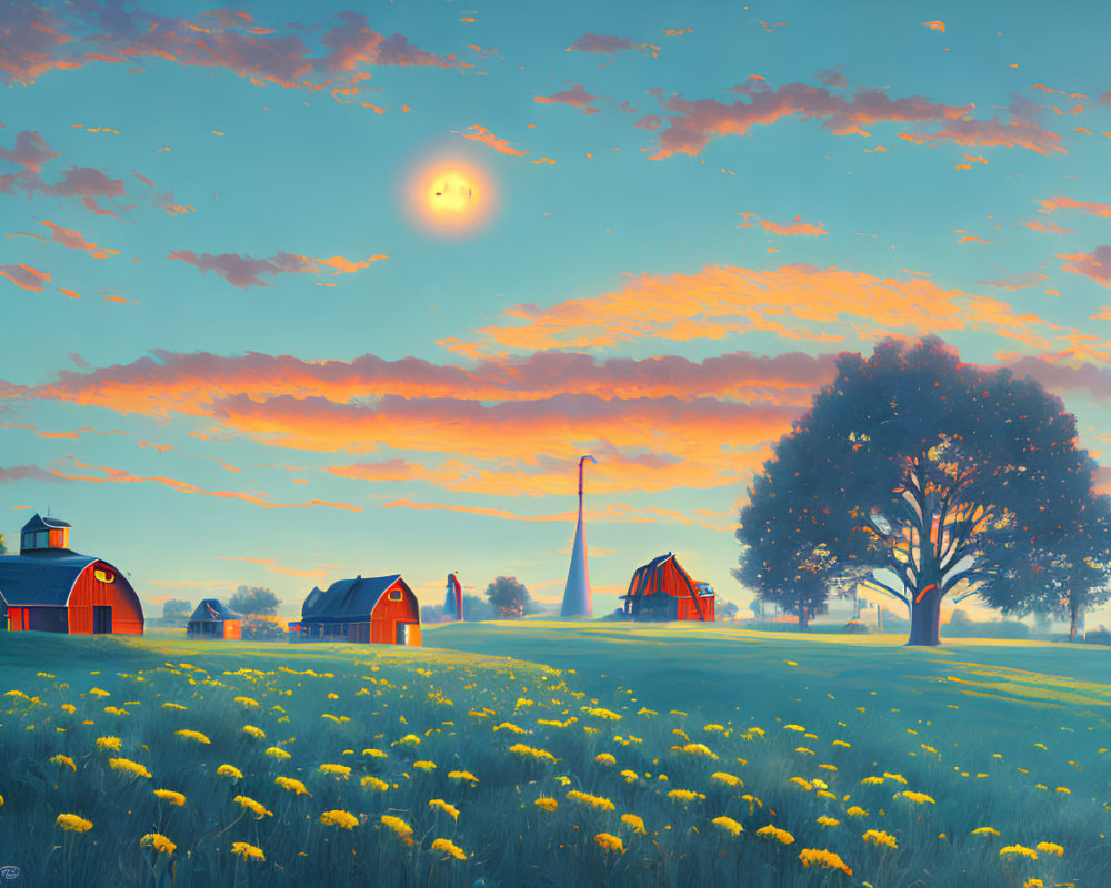 Tranquil rural sunset scene with red barns, tree, dandelions, and smiling moon