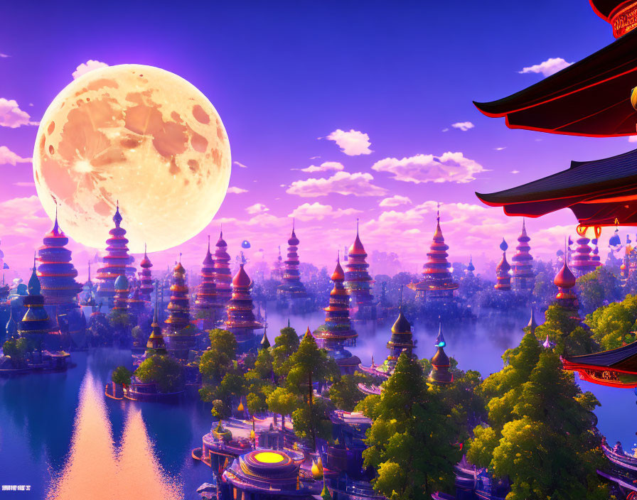 Fantastical cityscape with towering pagodas under large moon