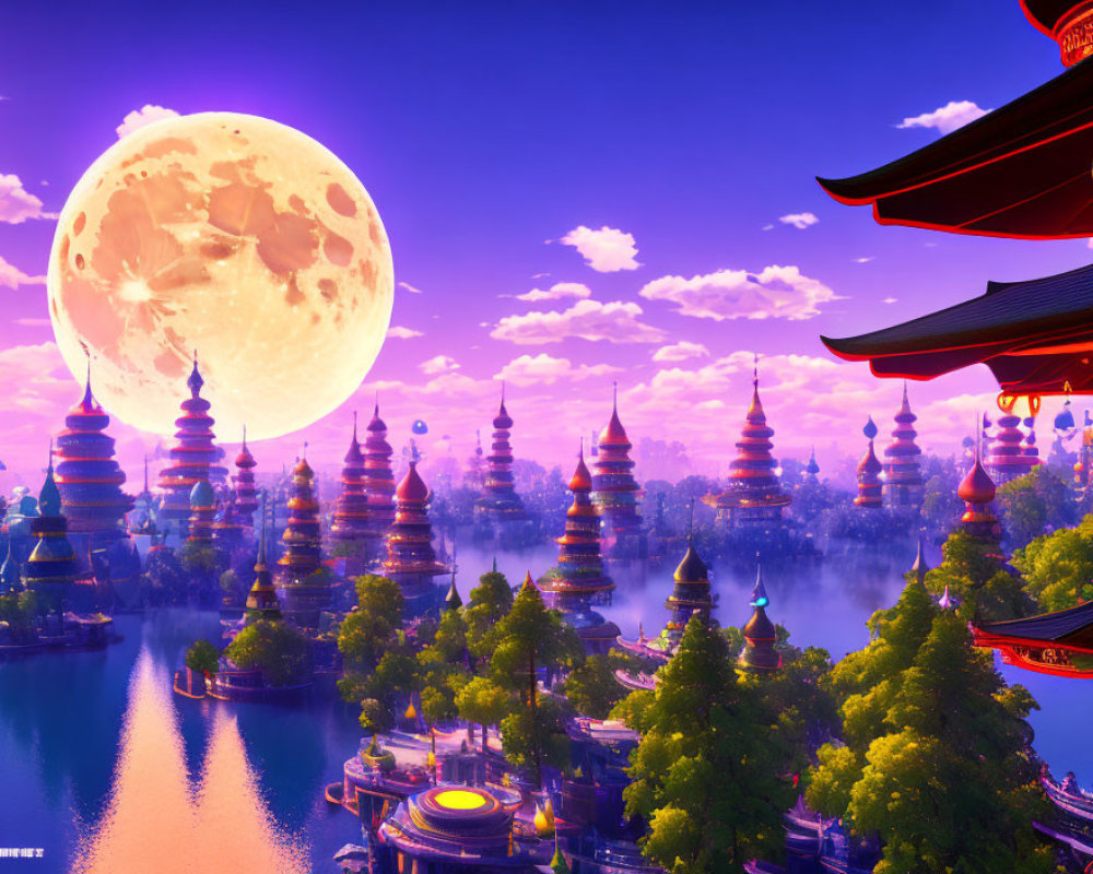 Fantastical cityscape with towering pagodas under large moon