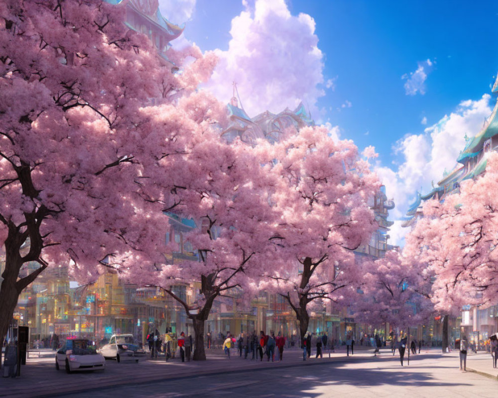 Cherry Blossom Trees in Full Bloom on Vibrant Street