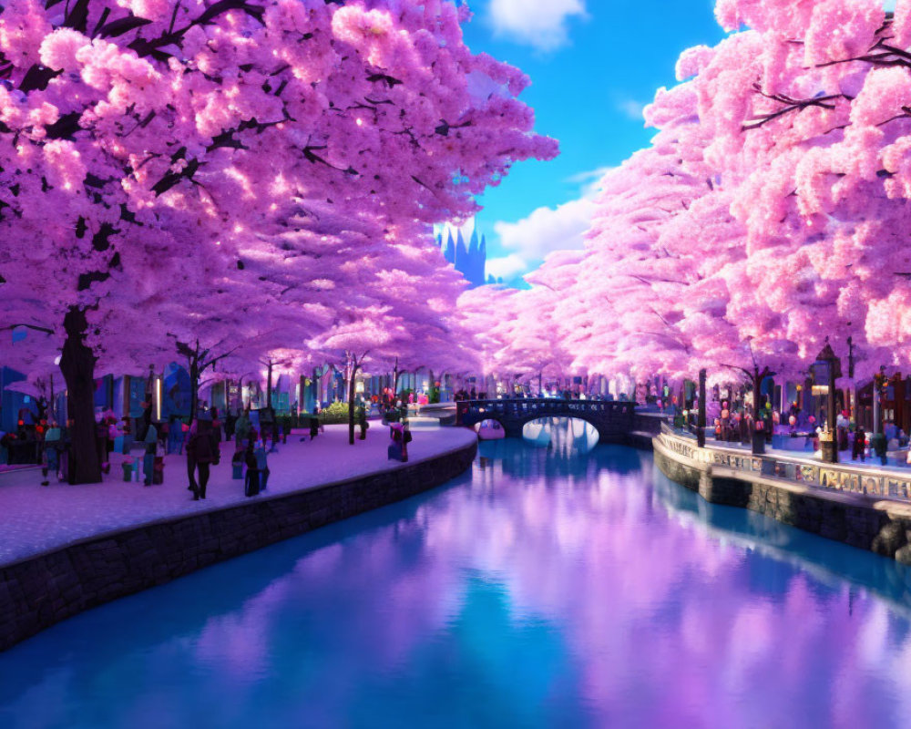 Pink cherry blossoms over canal with twilight sky, people strolling, castle silhouette